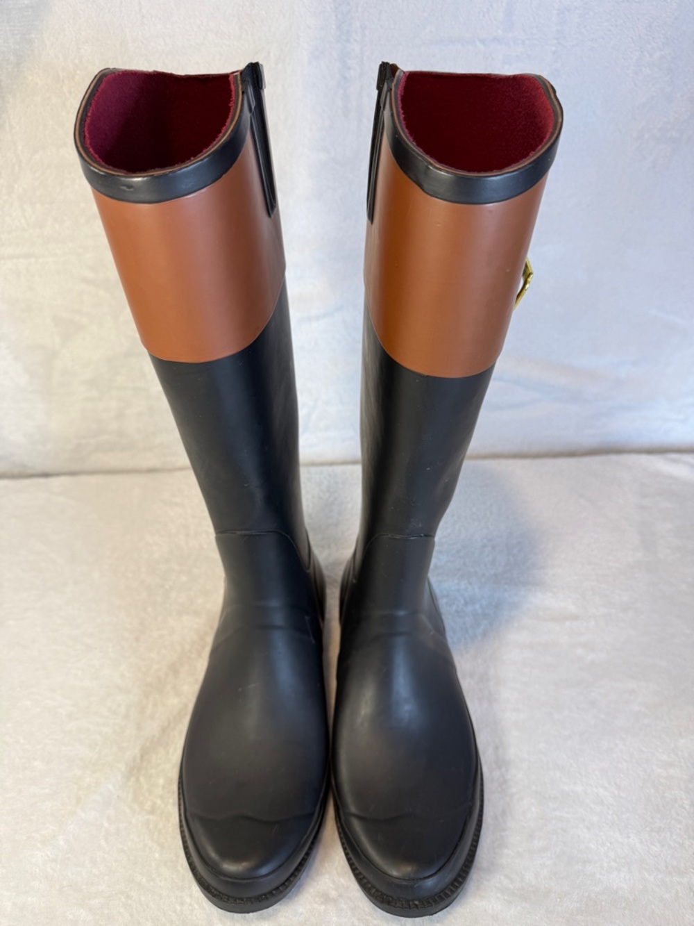 Tommy Hilfiger Viktoria Black Brown Sz 8 Equestrian Style Tall Riding Rain Boots